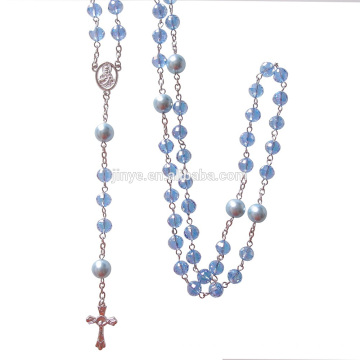 Fashion Bling Bling Blue Crystal Prayer Catholic Cross Rosary Necklace